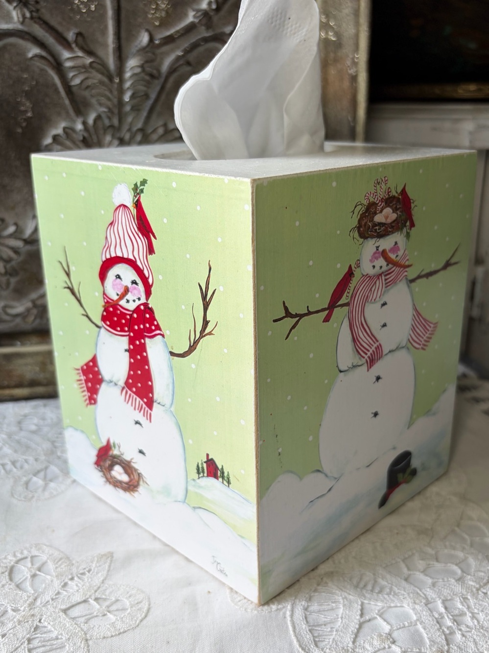 Jean Gates Whimsical Snowman wooden tissue box cover